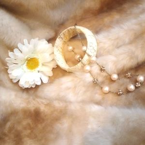 *3 for $12* Mock Pearl rhinestone necklace w/ lace wrapped gold bangle bracelet
